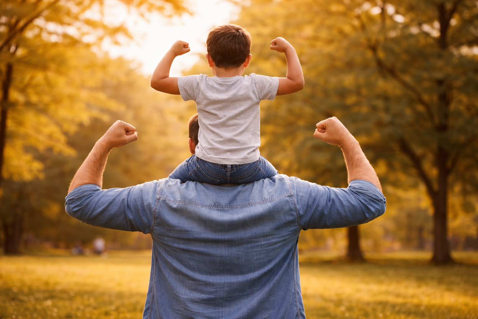 Padre e hijo flexionando los músculos al aire libre, símbolo de fuerza y vitalidad recuperada
